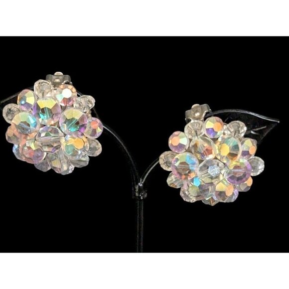 Vintage Aurora Borealis Crystal Bead Clip-On Earrings Estate Statement - Picture 1 of 9